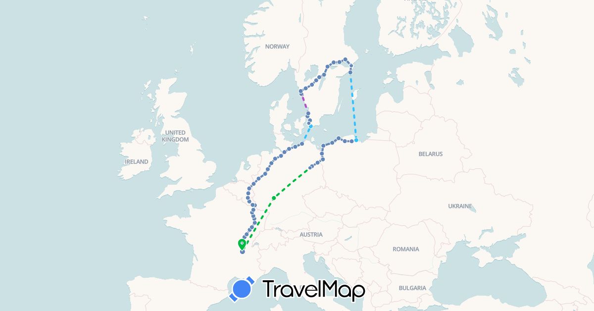 TravelMap itinerary: driving, bus, cycling, train, boat in Belgium, Germany, France, Luxembourg, Netherlands, Poland, Sweden (Europe)